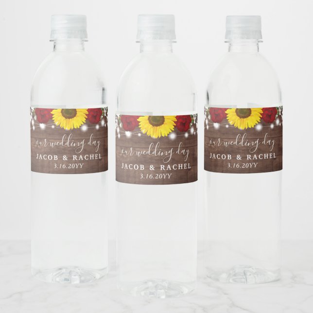 Rustic Sunflowers Roses String Lights Wedding Water Bottle Label (Bottles)