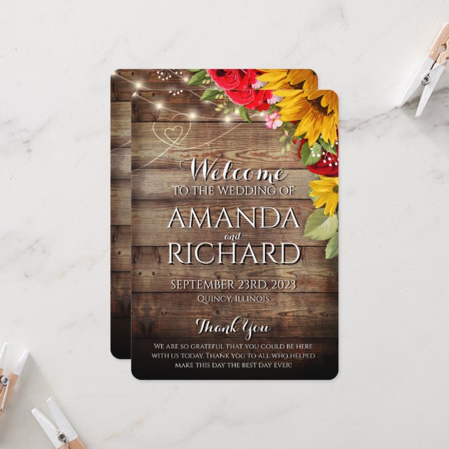 Rustic Sunflowers & Roses Wedding Program (Front/Back In Situ)
