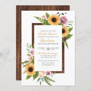 Rustic Sunflowers, Roses & Wood   Bridal Shower Invitation