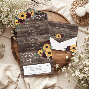 Rustic Sunflowers Roses Wood String Lights Wedding All In One Invitation