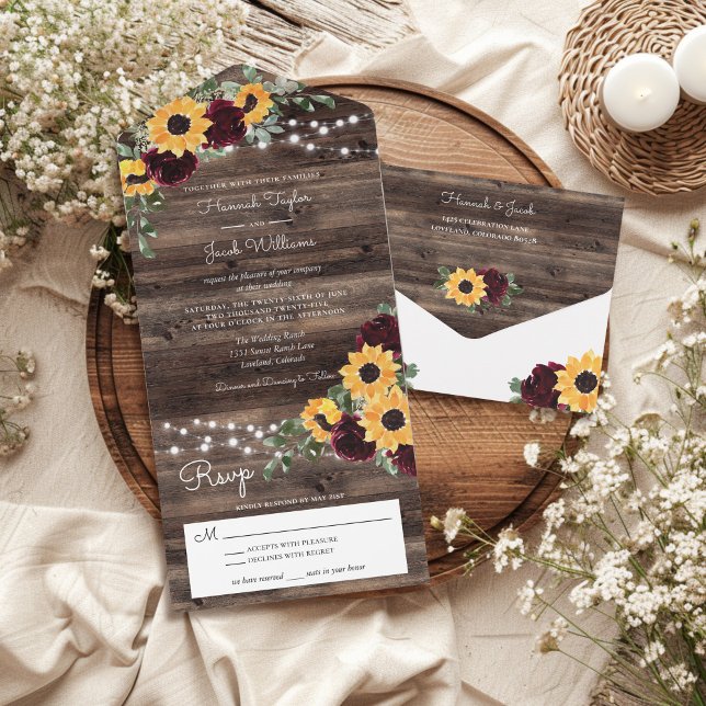 Rustic Sunflowers Roses Wood String Lights Wedding All In One Invitation (Creator Uploaded)
