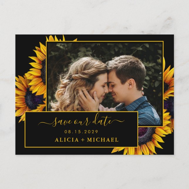 Rustic sunflowers script photo wedding save date announcement postcard (Front)