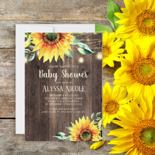 Rustic Sunflowers String Lights Baby Shower Invita Invitation