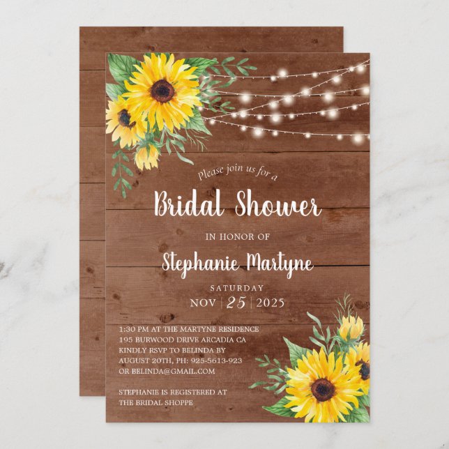 Rustic Sunflowers String Lights Bridal Shower Invitation (Front/Back)