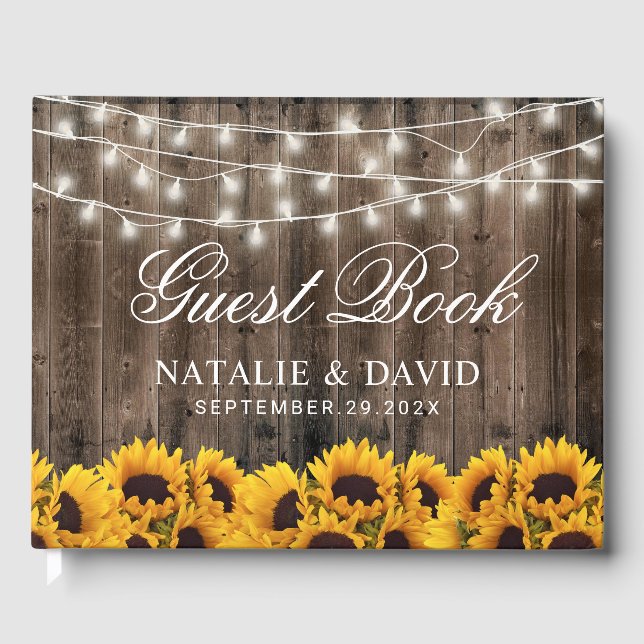 Rustic Sunflowers & String Lights Country Wedding Guest Book (Front)