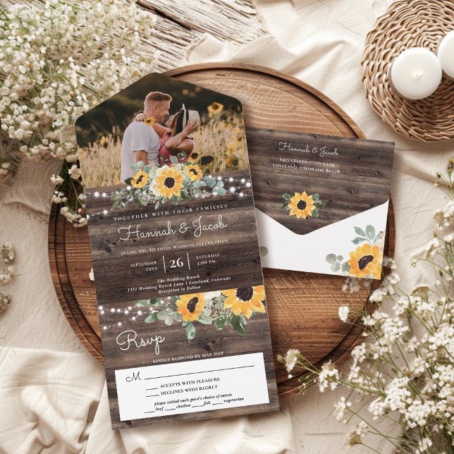 Rustic Sunflowers String Lights Eucalyptus Wedding All In One Invitation (Creator Uploaded)