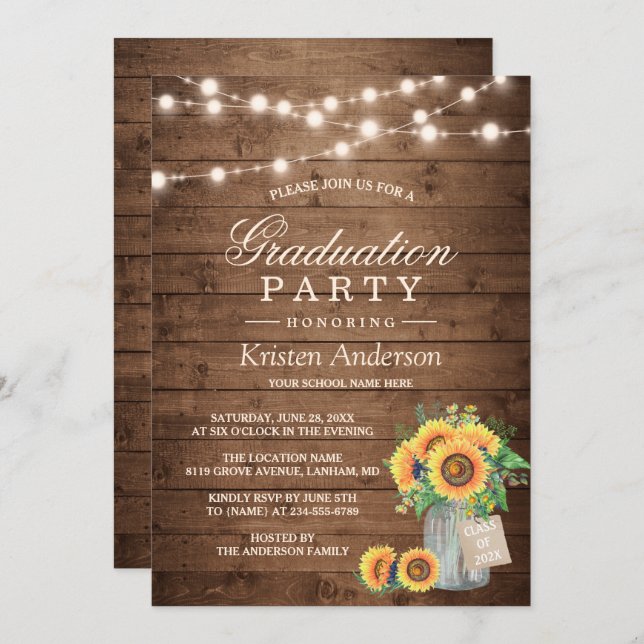 Rustic Sunflowers String Lights Graduation Party Invitation (Front/Back)