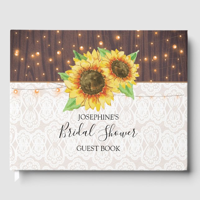 Rustic Sunflowers String Lights Lace Bridal Shower Guest Book (Front)