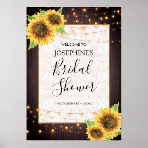 Rustic Sunflowers String Lights Lace Bridal Shower Poster