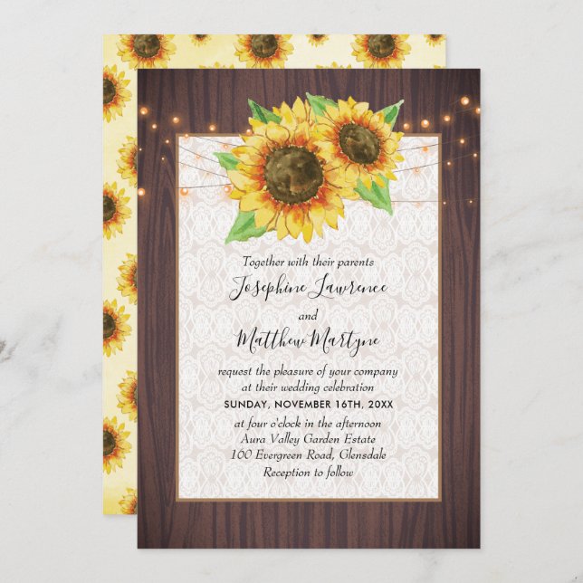 Rustic Sunflowers String Lights Lace Wedding Invitation (Front/Back)