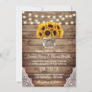 Rustic Sunflowers String Lights Laced Barn Wedding Invitation
