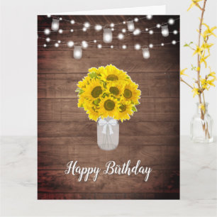 Rustic Sunflowers String Lights Mason Jar Birthday Card
