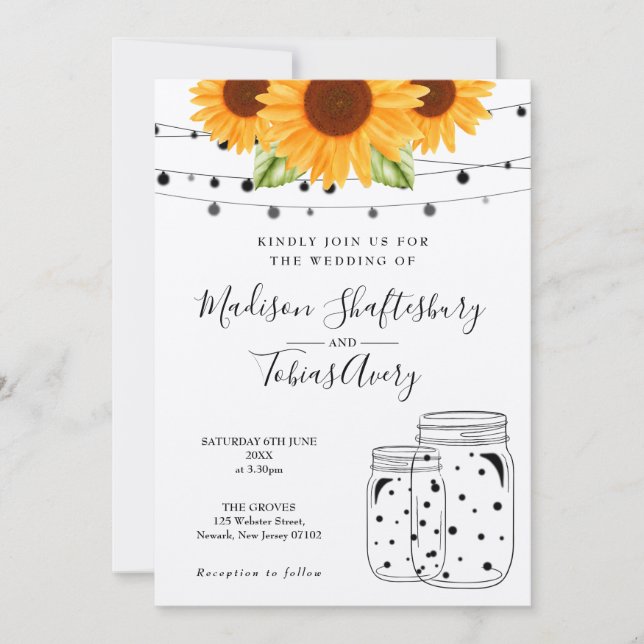 Rustic Sunflowers String Lights Mason Jar Wedding  Invitation (Front)
