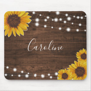 Rustic Sunflowers & String Lights on Wood Mouse Pad
