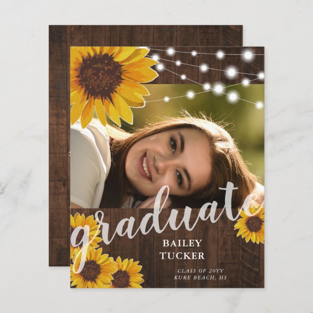 Rustic Sunflowers String Lights Photo Graduation (Front/Back)