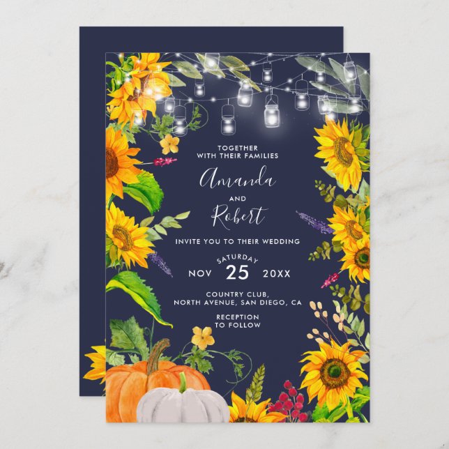 Rustic Sunflowers String Lights Pumpkin Navy Blue Invitation (Front/Back)