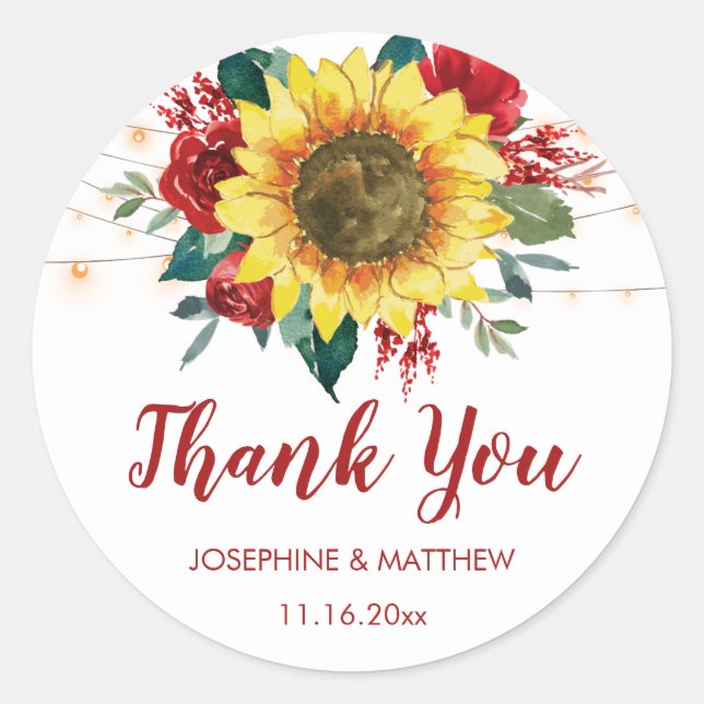 Rustic Sunflowers String Lights Red Floral Thanks Classic Round Sticker (Front)