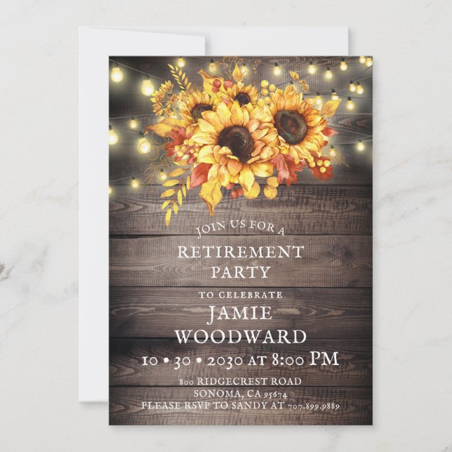Rustic Sunflowers String Lights Retirement Party I Invitation (Front)