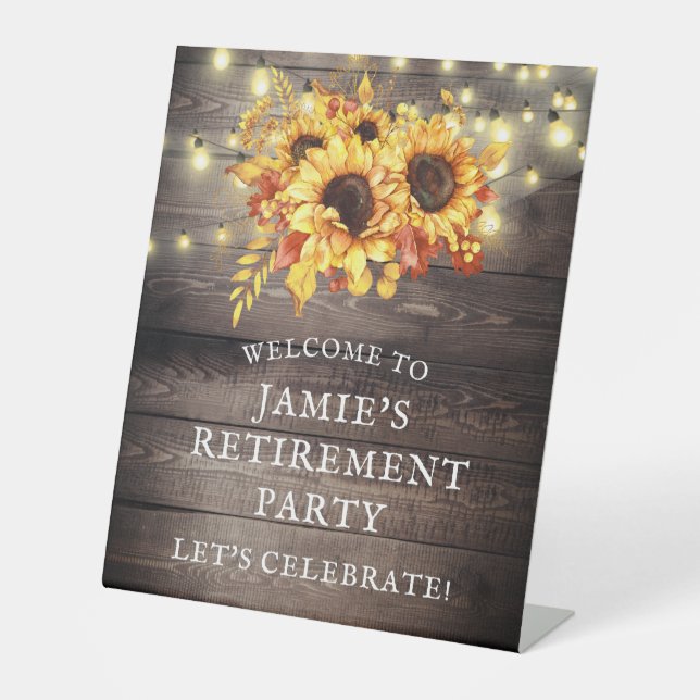 Rustic Sunflowers String Lights Retirement PartY Pedestal Sign (Front)