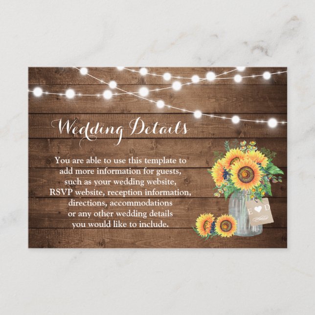Rustic Sunflowers String Lights Wedding Details Enclosure Card (Front)