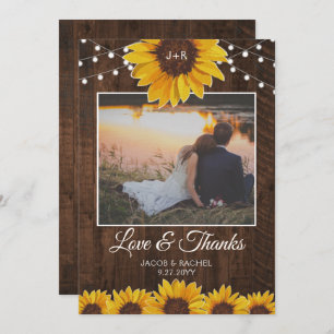 Rustic Sunflowers & String Lights Wedding Thank You Card