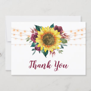 Rustic Sunflowers String Lights Wedding Thank You Card