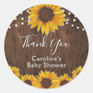 Rustic Sunflowers String Lights Wood Baby Shower Classic Round Sticker
