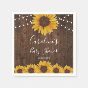 Rustic Sunflowers String Lights Wood Baby Shower Napkin
