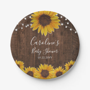 Rustic Sunflowers String Lights Wood Baby Shower Paper Plate
