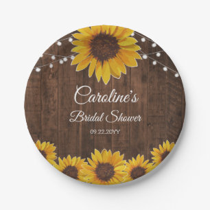 Rustic Sunflowers String Lights Wood Bridal Shower Paper Plate