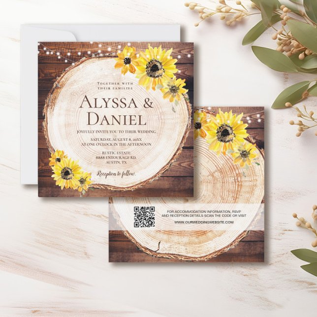 Rustic Sunflowers String lights Wood Cut Wedding Invitation (String of lights, watercolor sunflower, wood cut slice rustic wedding invitation.
)