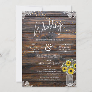Rustic Sunflowers Strings Lights Invitation Weddin