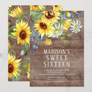 Rustic Sunflowers Sweet Sixteen Birthday Party Invitation