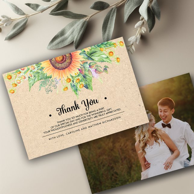 Rustic Sunflowers Thank You Wedding Photo Cards (Creator Uploaded)