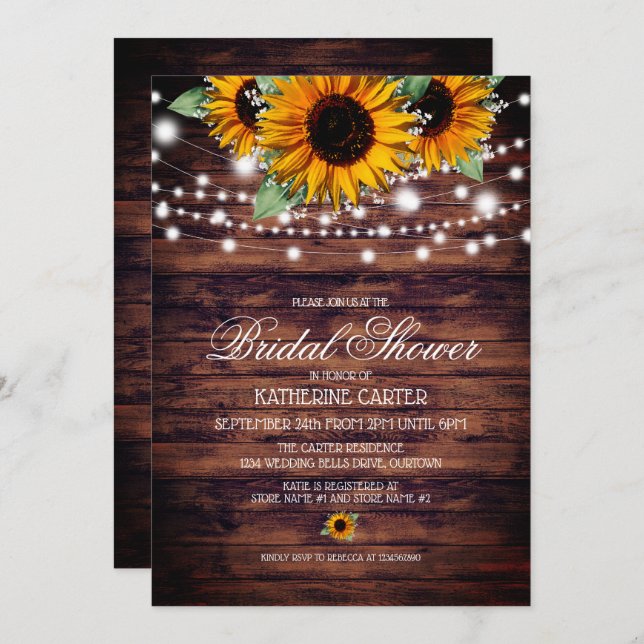 Rustic Sunflowers Twinkle Lights Bridal Shower Invitation (Front/Back)