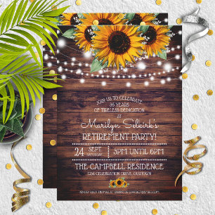 Rustic Sunflowers Twinkle Lights Retirement Party Invitation