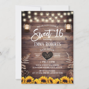 Rustic Sunflowers Vintage Lantern Sweet 16 Invitation