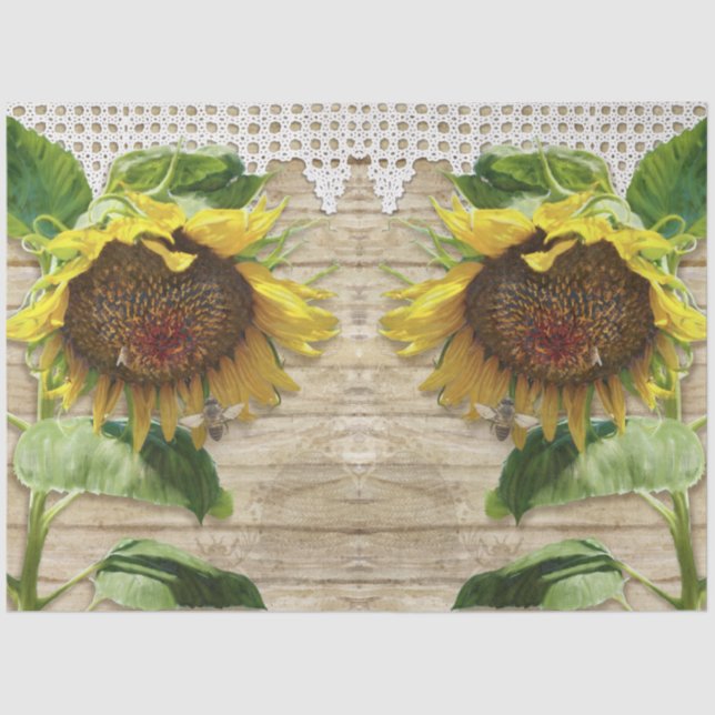 Rustic Sunflowers w Bees Wood Lace Craft Decoupage Tissue Paper (Front)