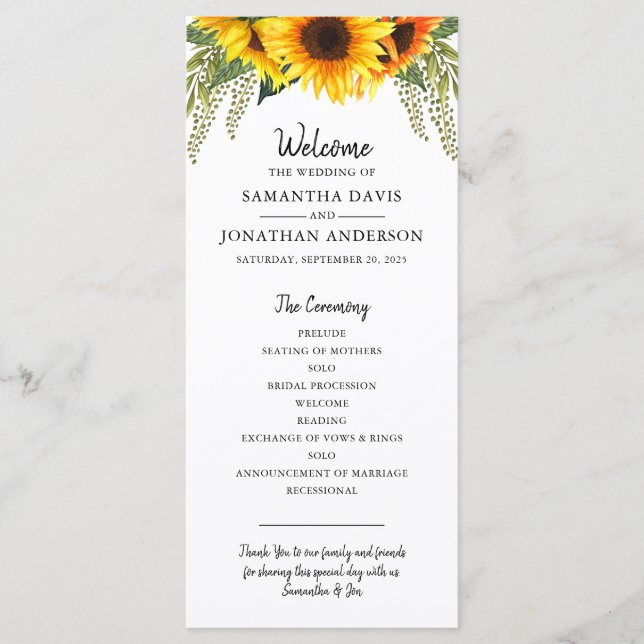 Rustic Sunflowers | Watercolor Wedding Program (Front)