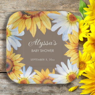 Rustic Sunflowers White Daisies Brown Baby Shower Paper Plate