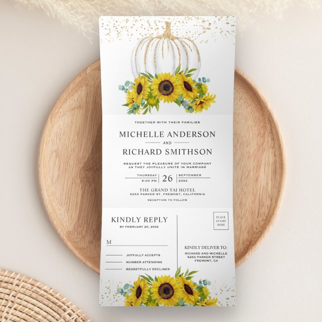 Rustic Sunflowers White Pumpkin Fall Wedding Tri-Fold Invitation (Creator Uploaded)