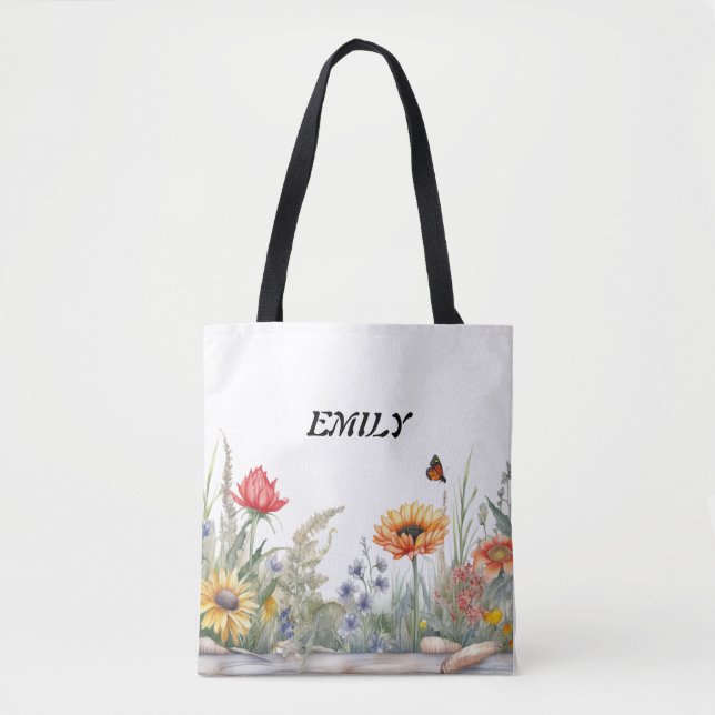 Rustic Sunflowers Wildflower | Custom Name Tote Ba (Front)