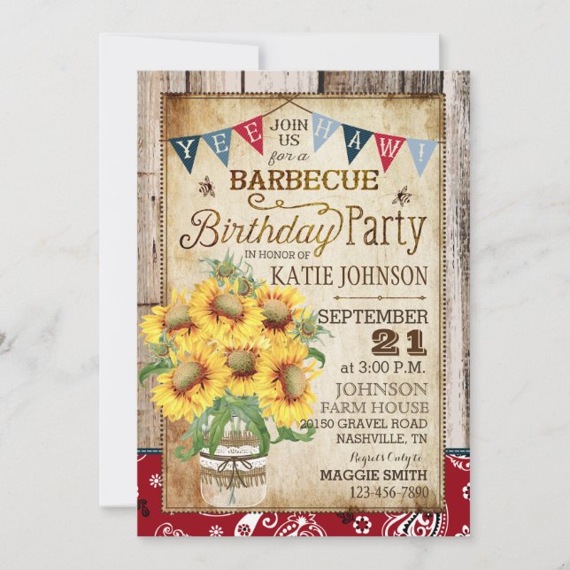 Rustic Sunflowers Wood Bandanna Birthday Invitation (Front)