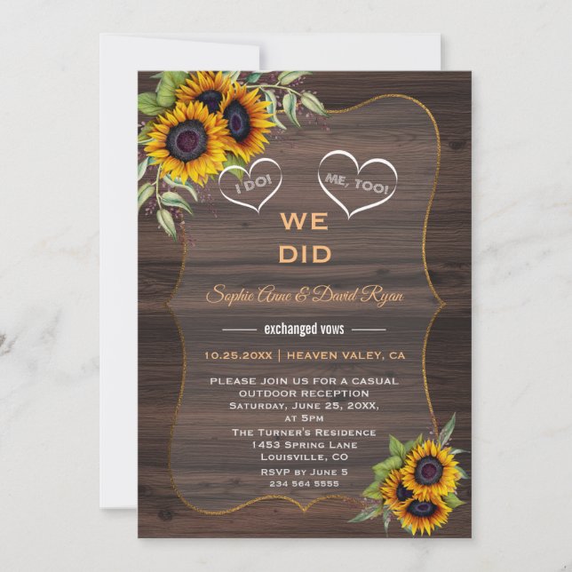 Rustic Sunflowers Wood Elopement Reception Invitation (Front)