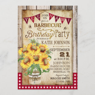 Rustic Sunflowers Wood Gingham Check Birthday Invitation