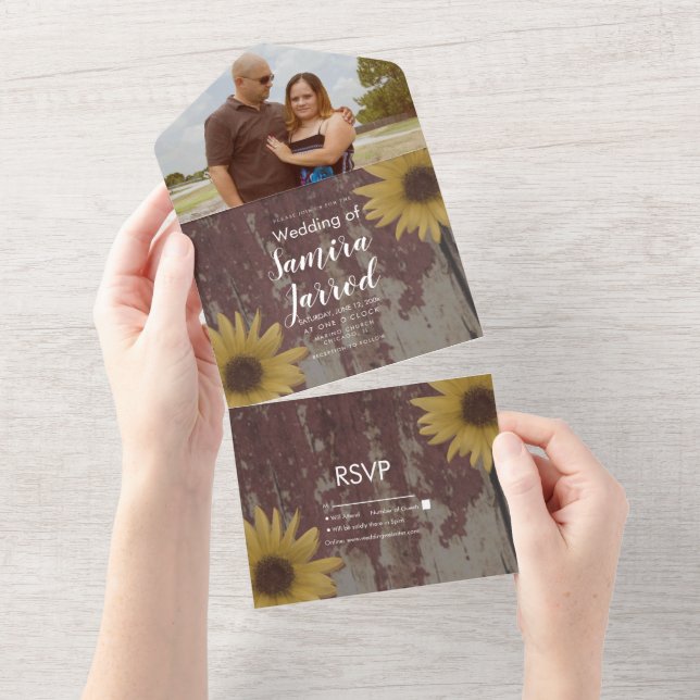 Rustic Sunflowers Wood Grain Wedding All In One Invitation (Tearaway)