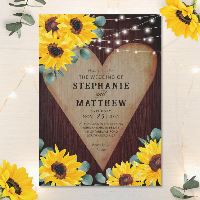 Rustic Sunflowers Wood Heart String Lights Invitation (Creator Uploaded)