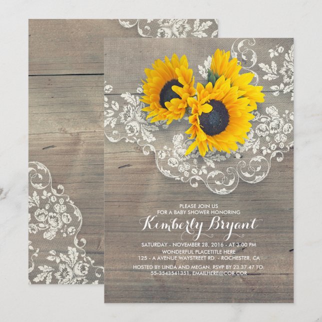 Rustic Sunflowers Wood Lace Baby Shower Invitation (Front/Back)