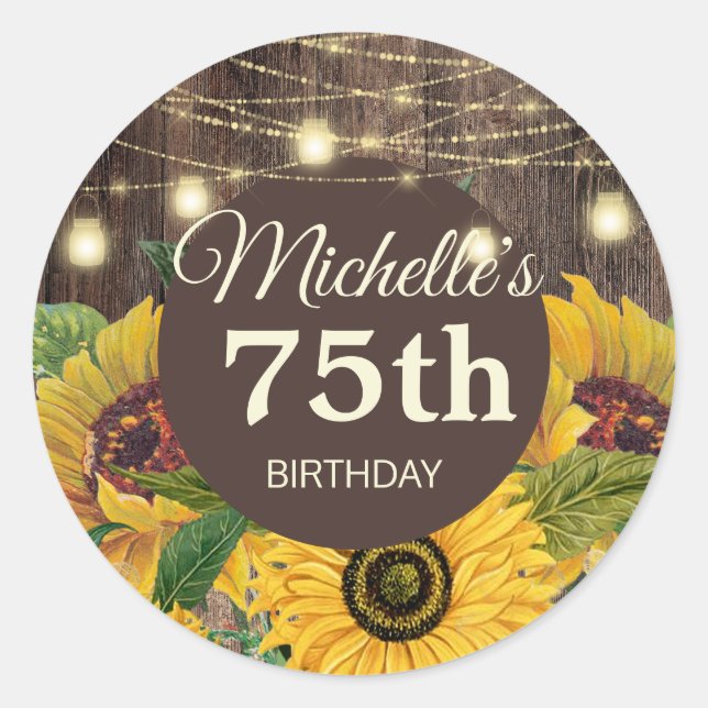 Rustic Sunflowers Wood String Lights 75th Birthday Classic Round Sticker (Front)
