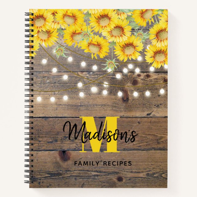 Rustic Sunflowers Wood String Lights Recipe Notebook (Front)